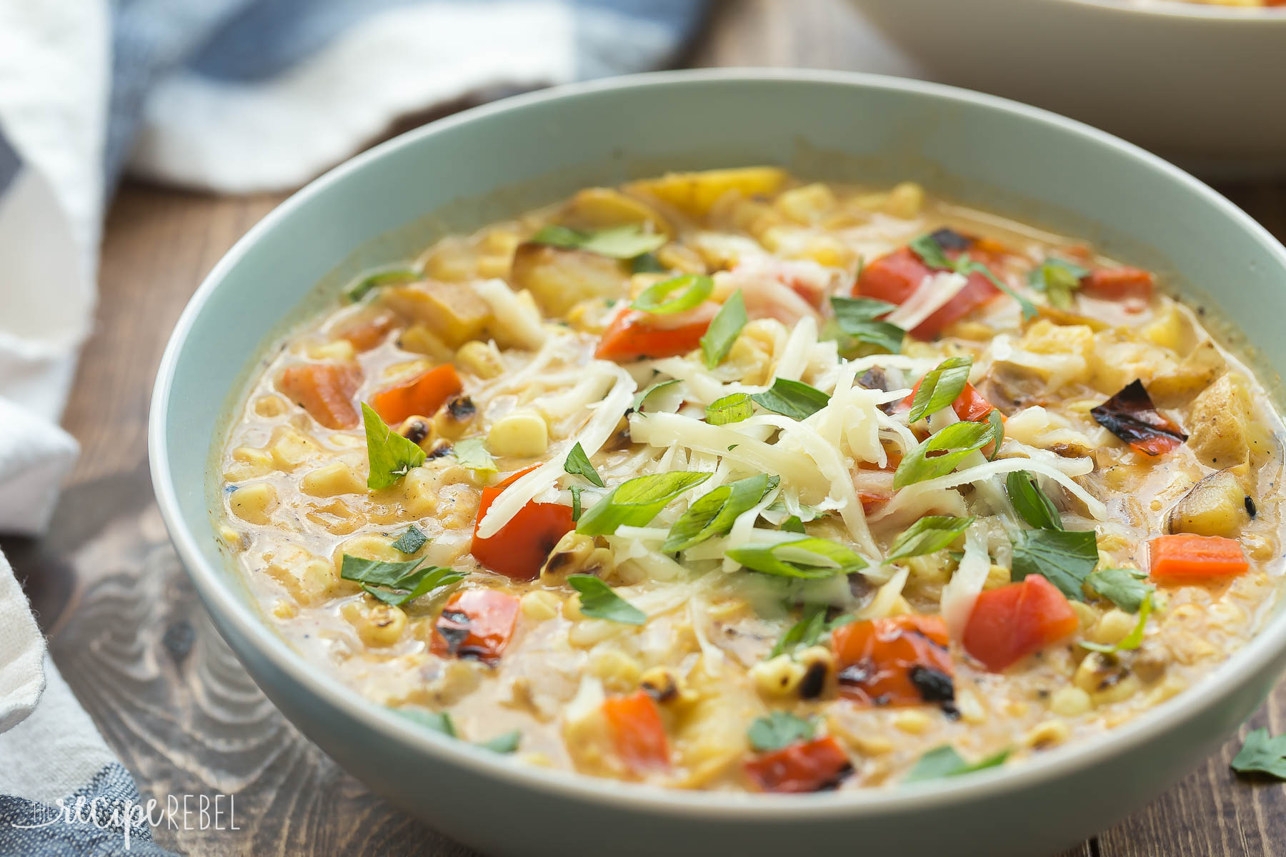 A bowl of smoky southwestern potato and corn chowder.