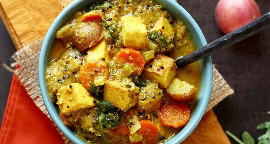 Coconut curry potato soup with tofu.