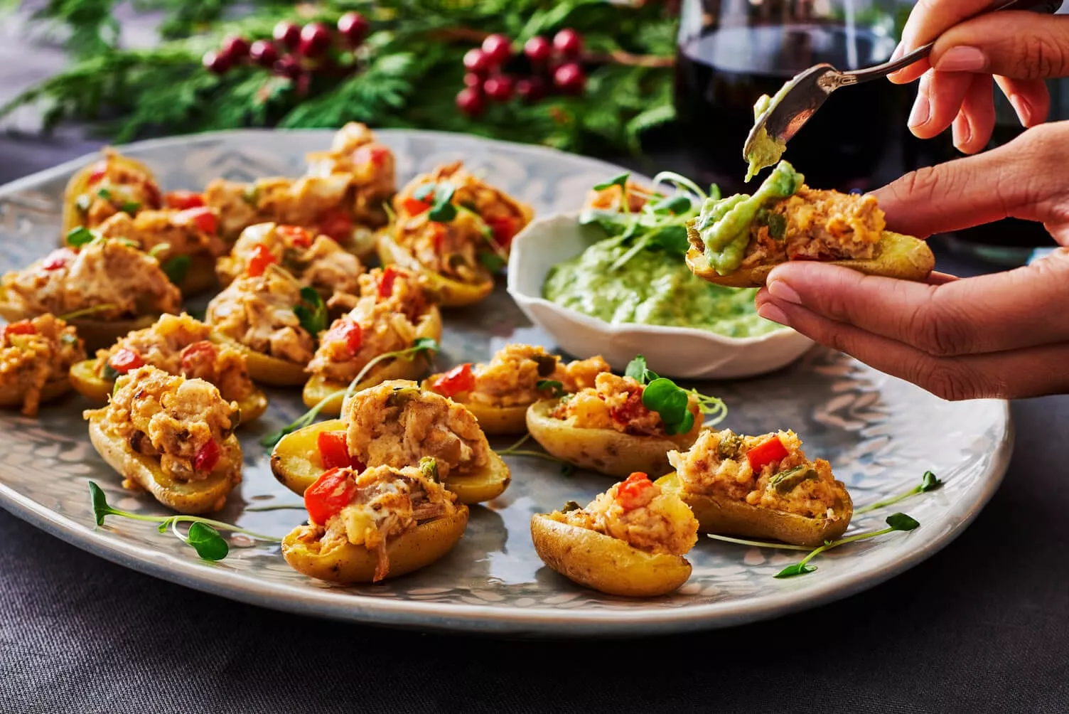Stuffed-Potato-Caps-with-Turkey-Leftovers_The-Food-Group_Web-Res-1 A plate of stuffed potato caps with turkey leftovers.