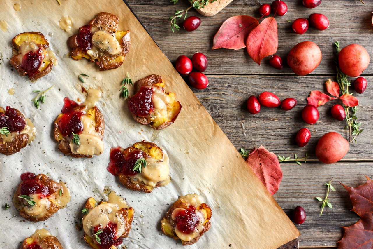 Vegan Thanksgiving smashed potatoes.