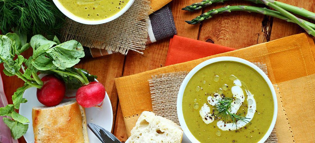 Vegan cheesy potato and asparagus soup.