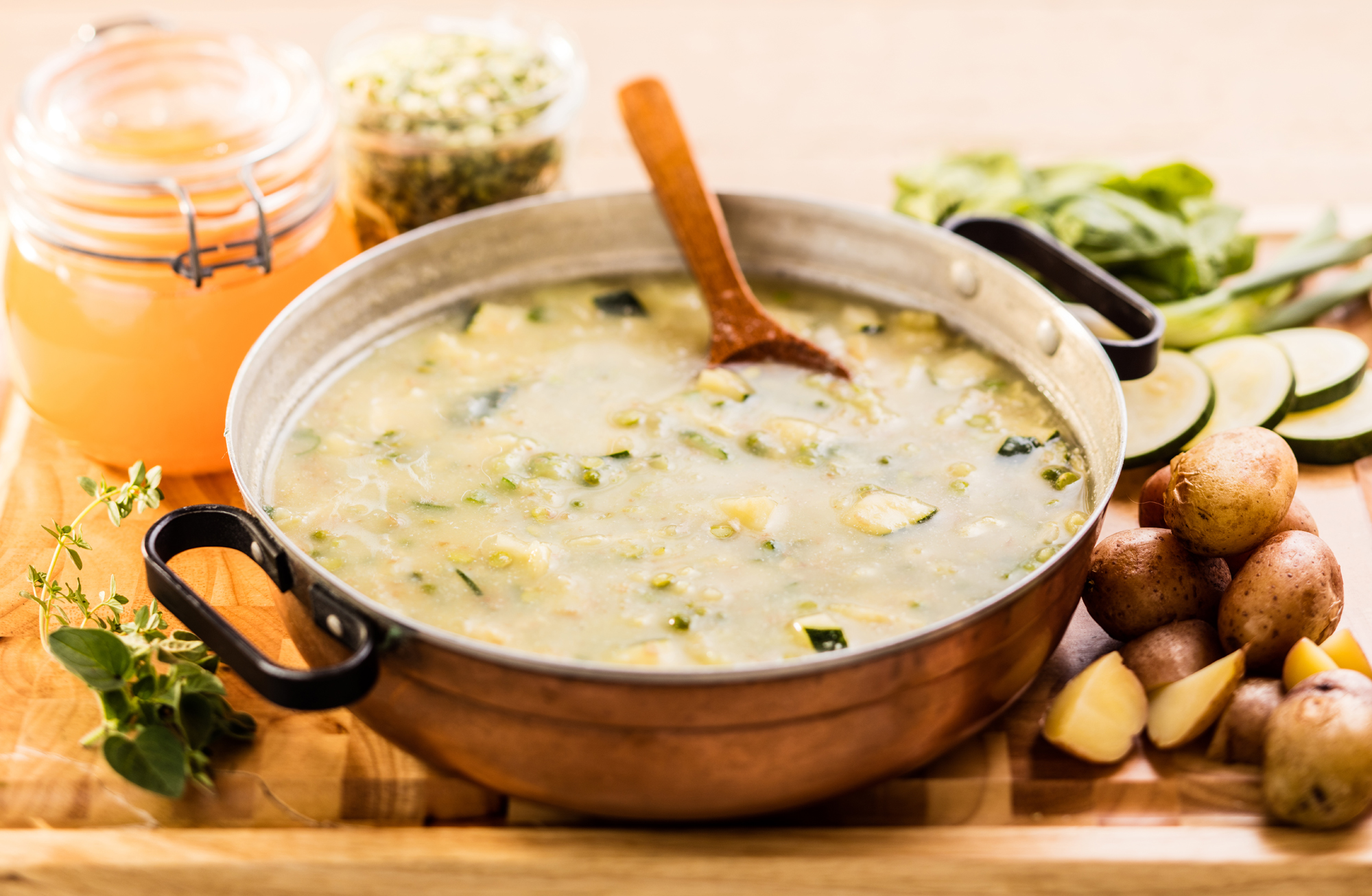 Vegan lentil soup in a large pot.