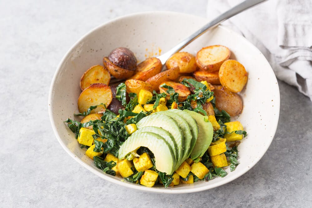 A bowl of vegan potato breakfast hash.