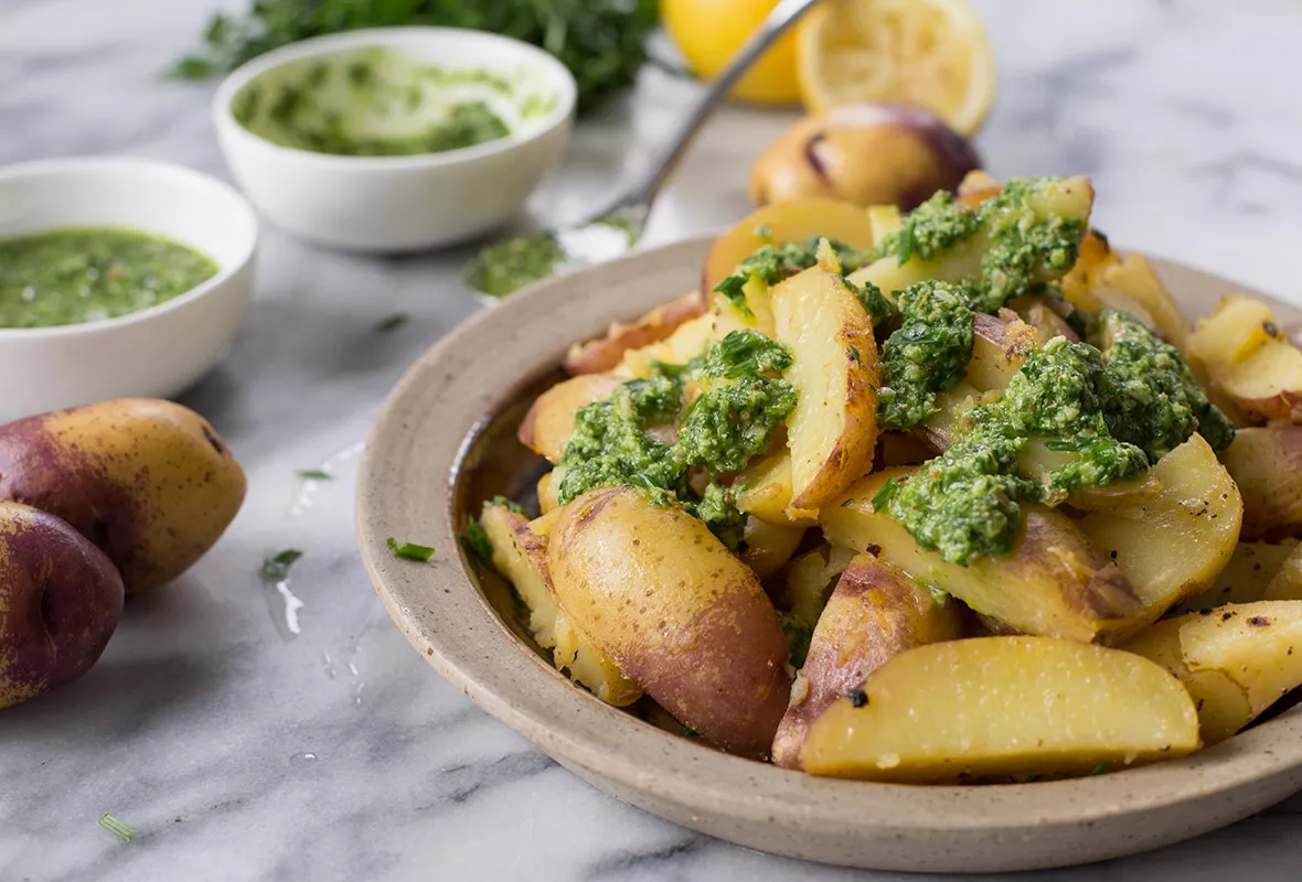 Lemon Potatoes with Chive Pesto