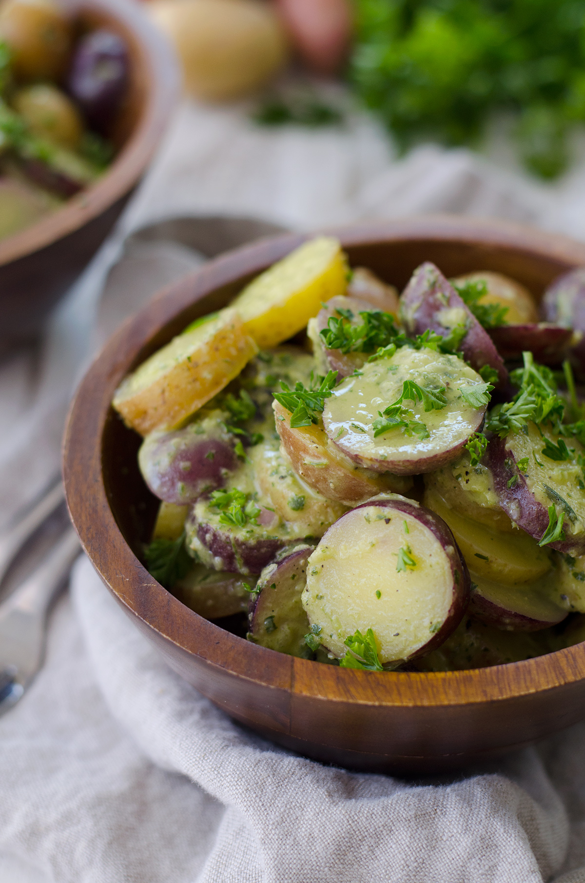 Red, white, and blue little potato salad.