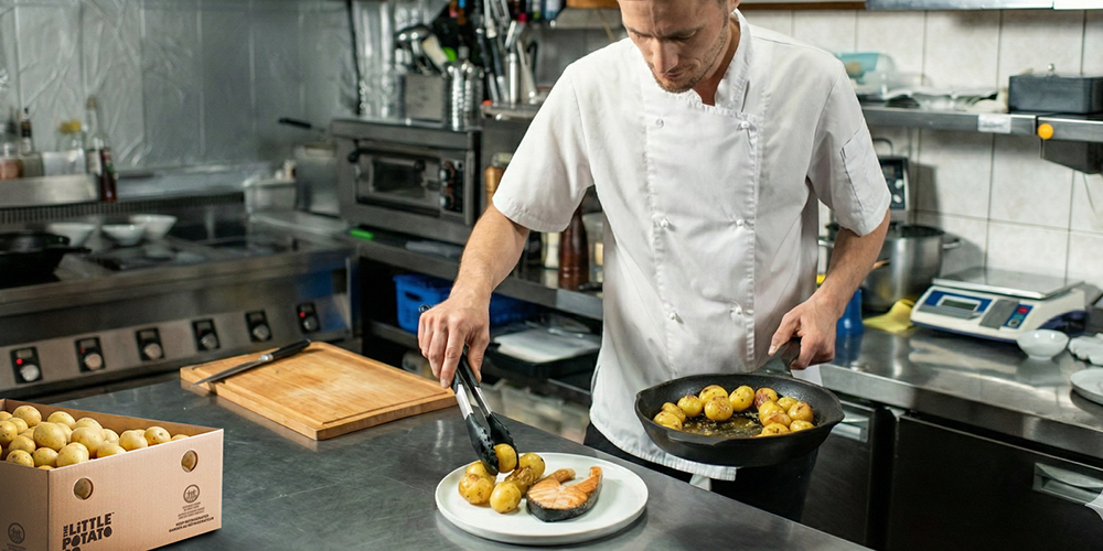 A chef in a commercial kitchen.